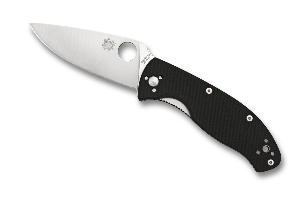Spyderco Tenacious folding knife with thumb hole - shown open presentation side.  Satin 8Cr13MoV stainless steel plain edge blade.  Black G-10 handle.  C122GP.