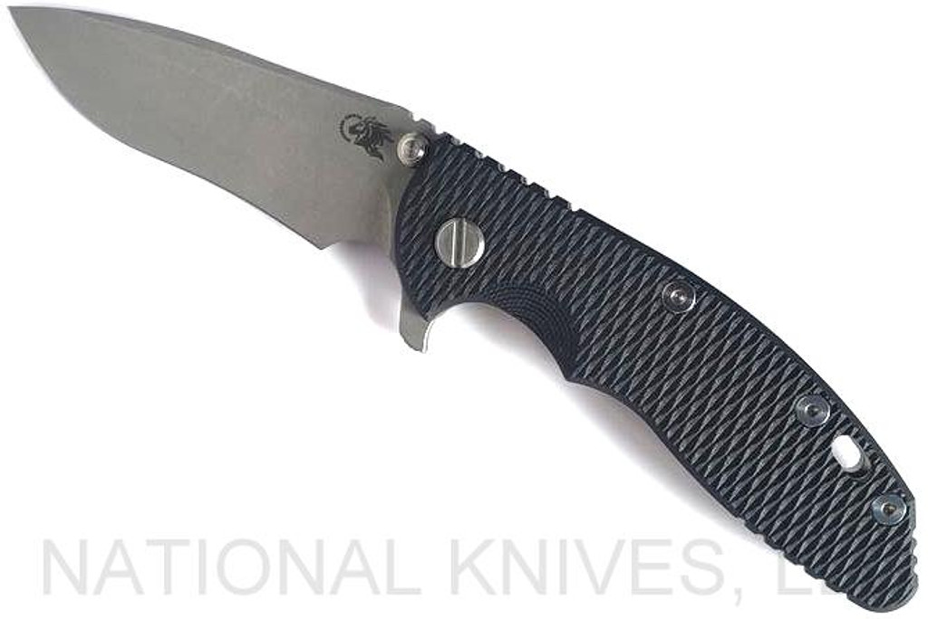 Rick Hinderer Knives XM-18 3.5" Recurve folding knife with thumb stud and flipper tab - shown open presentation side.  Working Finish 20CV stainless steel plain edge blade.  Black G-10 handle with Working Finish lock side.  Model KXM35REC.