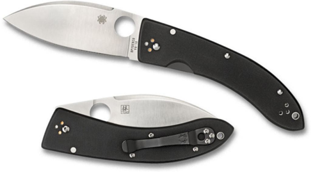 Spyderco Chinese Lum folding knife with thumb hole - shown open presentation side and closed pocket clip side.  Satin VG-10 stainless steel plain edge blade.  Black G-10 handle.  Model C143GP.
For reference only.