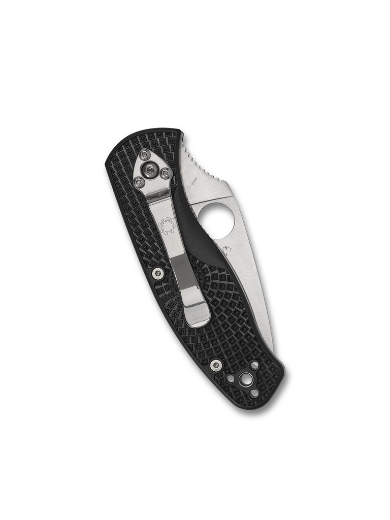 Spyderco Persistence folding knife with thumb hole - shown closed pocket clip side.  Satin 8Cr13MoV stainless steel serrated edge blade.  Black FRN handle.  Model C136SBK.