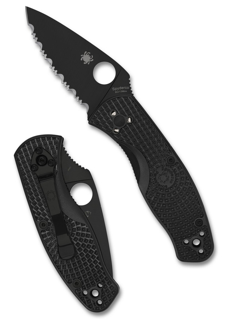 Spyderco Persistence folding knife with thumb hole - shown open presentation side and closed pocket clip side.  Black 8Cr13MoV stainless steel serrated edge blade.  Black FRN handle.  Model C136SBBK.