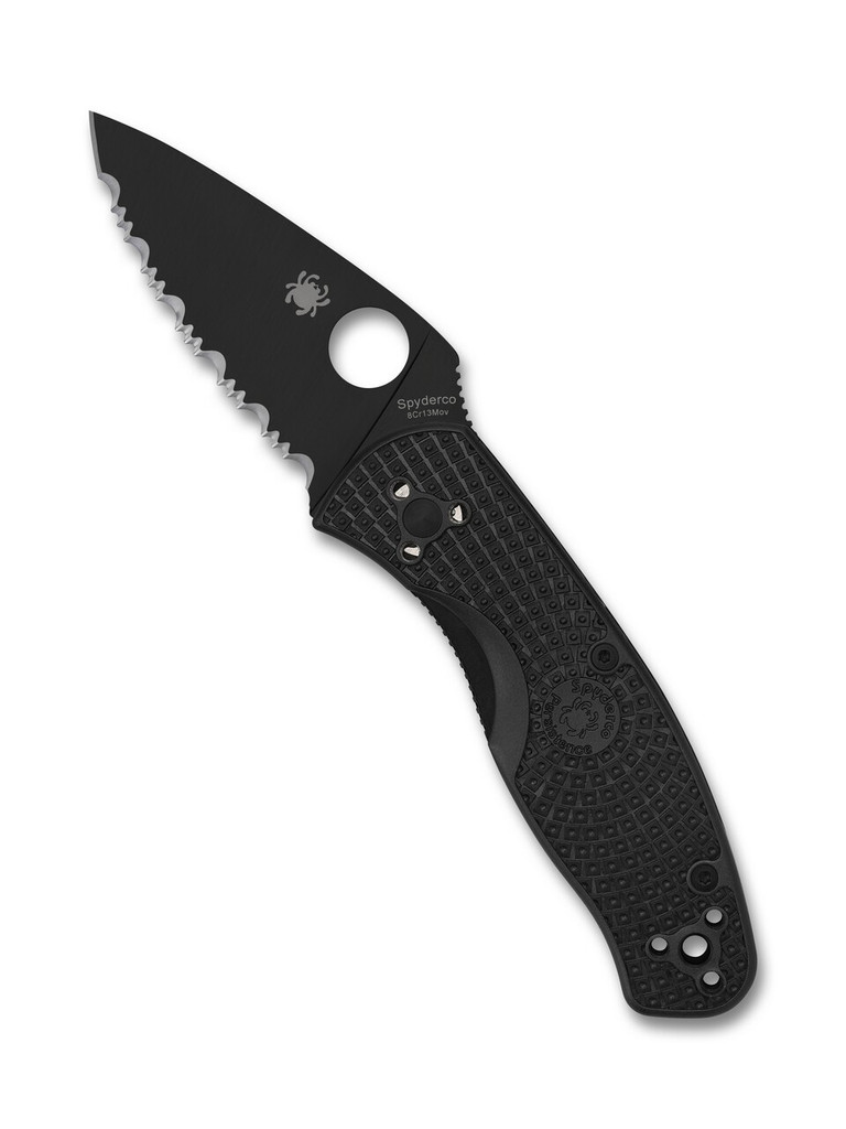 Spyderco Persistence folding knife with thumb hole - shown open presentation side.  Black 8Cr13MoV stainless steel serrated edge blade.  Black FRN handle.  Model C136SBBK.