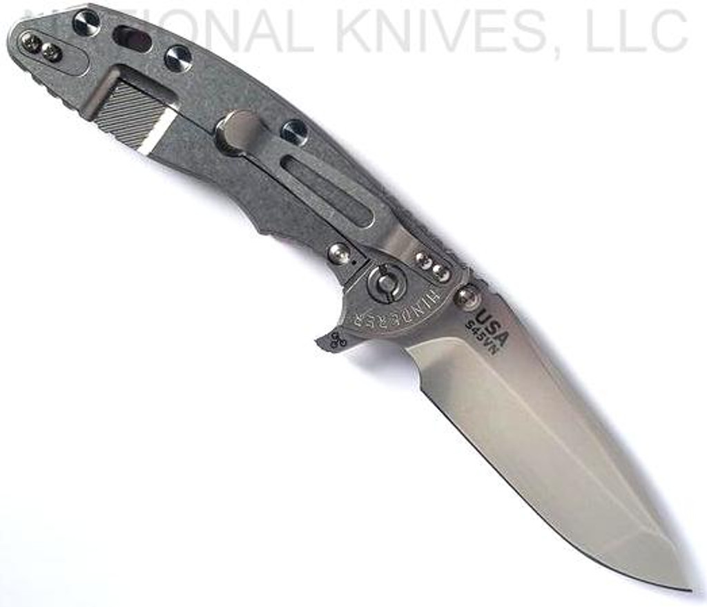 Rick Hinderer Knives XM-18 3.5" Spanto folding knife with thumb stud and flipper tab - shown open lock side.  Stonewash S45VN stainless steel plain edge blade.  Red G-10 handle with stonewash lock side.  Model K2002SGS00.