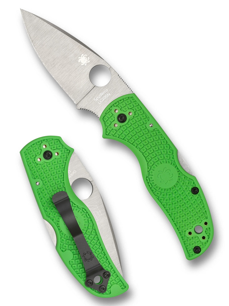 Spyderco Native 5 Salt folding knife with thumb hole - shown open presentation side and closed pocket clip side.  Satin LC200N stainless steel plain edge blade.  Green FRN handle.  Model C41PGR5.