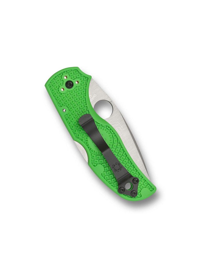 Spyderco Native 5 Salt folding knife with thumb hole - shown closed pocket clip side.  Satin LC200N stainless steel plain edge blade.  Green FRN handle.  Model C41PGR5.