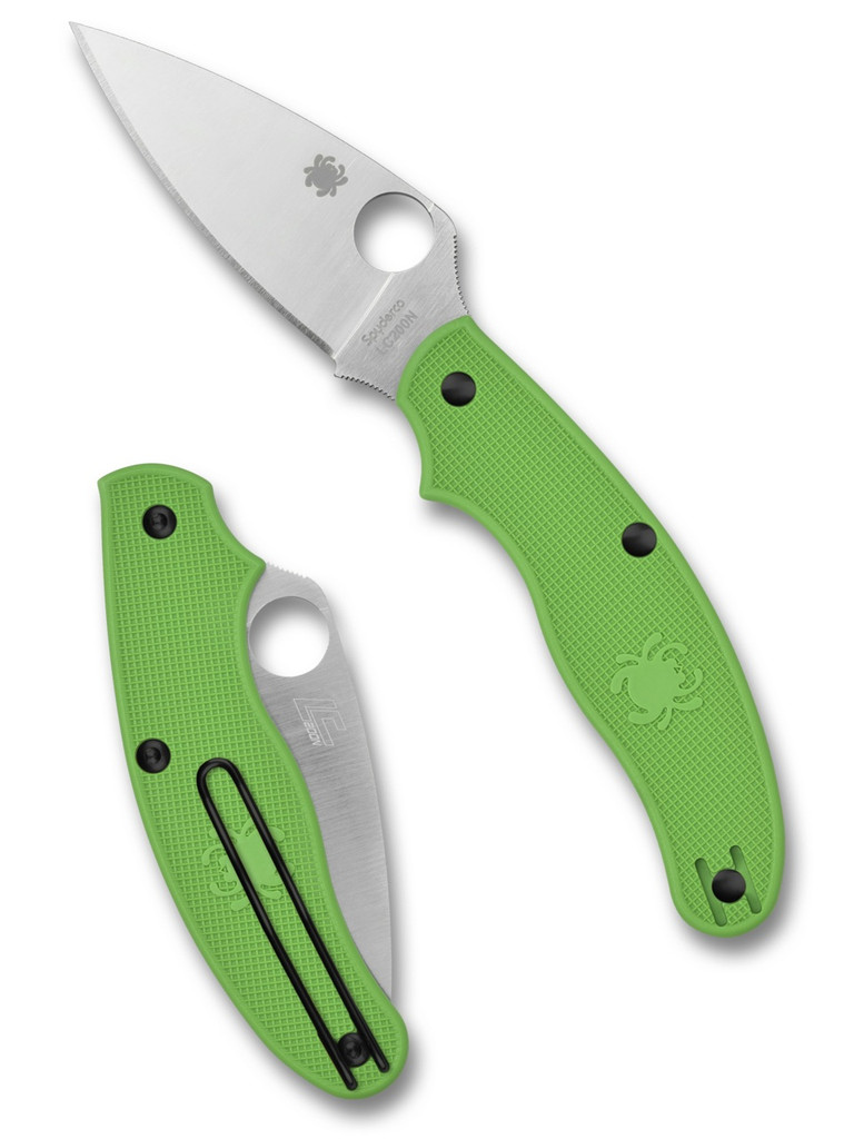 Spyderco UKPK Leaf Salt folding knife with thumb hole - shown open presentation side and closed pocket clip side.  Satin LC200N stainless steel plain edge blade. Green FRN handle.  Model C94PGR.