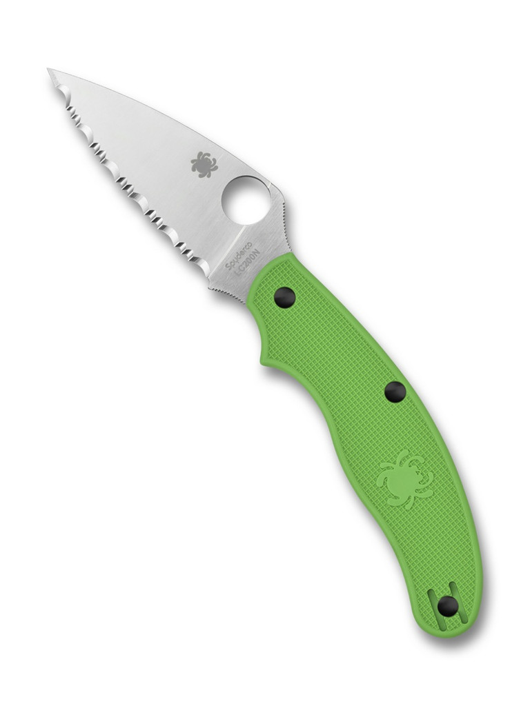 Spyderco UKPK Leaf Salt folding knife with thumb hole - shown open presentation side.  Satin LC200N stainless steel serrated edge blade. Green FRN handle.  Model C94SGR.