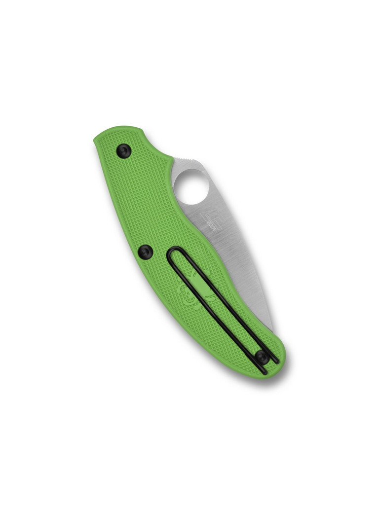 Spyderco UKPK Leaf  Salt folding knife with thumb hole - shown closed pocket clip side.  Satin LC200N stainless steel serrated edge blade. Green FRN handle.  Model C94SGR.