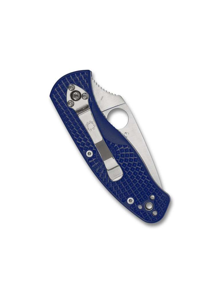 Spyderco Persistence folding knife with thumb hole - shown closed pocket clip side.  Satin S35VN stainless steel plain edge blade.  Blue FRN handle.  Model C136PBL.