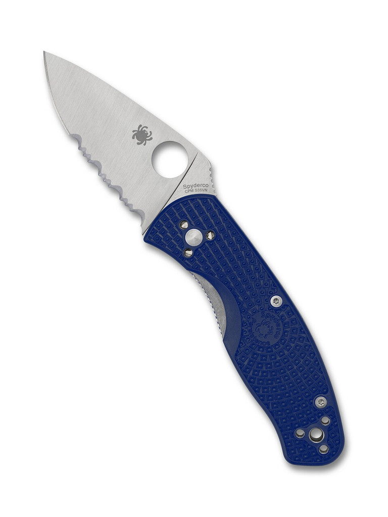 Spyderco Persistence folding knife with thumb hole - shown open presentation side.  Satin S35VN stainless steel combo edge blade.  Blue FRN handle.  Model C136PSBL.