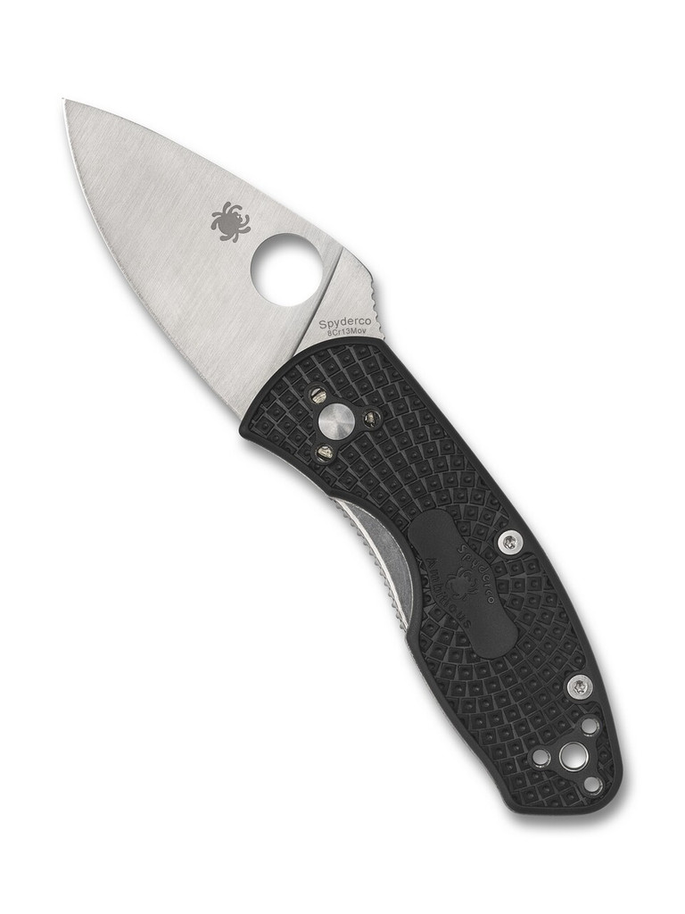 Spyderco Ambitious folding knife with thumb hole - shown open presentation side.  Satin 8Cr13MoV stainless steel plain edge blade.  Black FRN handle.  Model C148PBK.