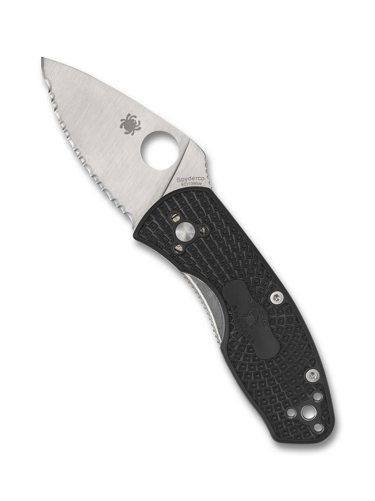 Spyderco Ambitious folding knife with thumb hole - shown open presentation side.  Satin 8Cr13MoV stainless steel serrated edge blade.  Black FRN handle.  Model C148SBK.
For reference only.