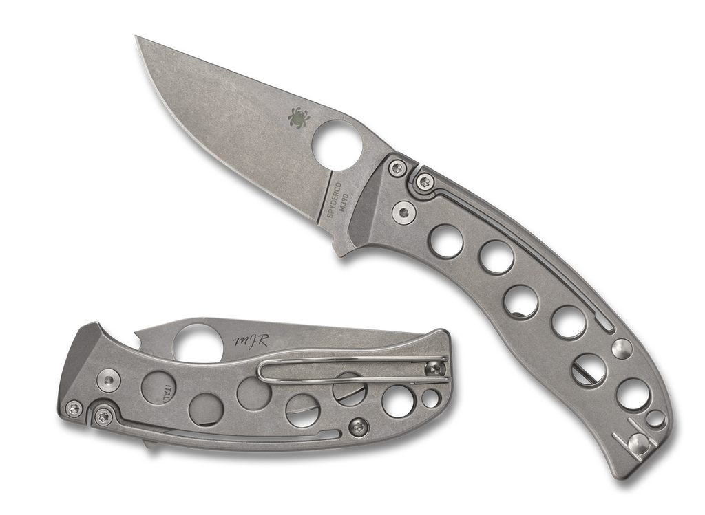 Spyderco PITS Sprint Run folding knife with thumb hole - shown open presentation side and closed pocket clip side.  Stonewash M390 stainless steel plain edge blade.  Stonewash titanium handle.  Model C192TIBLPM390.
For reference only.