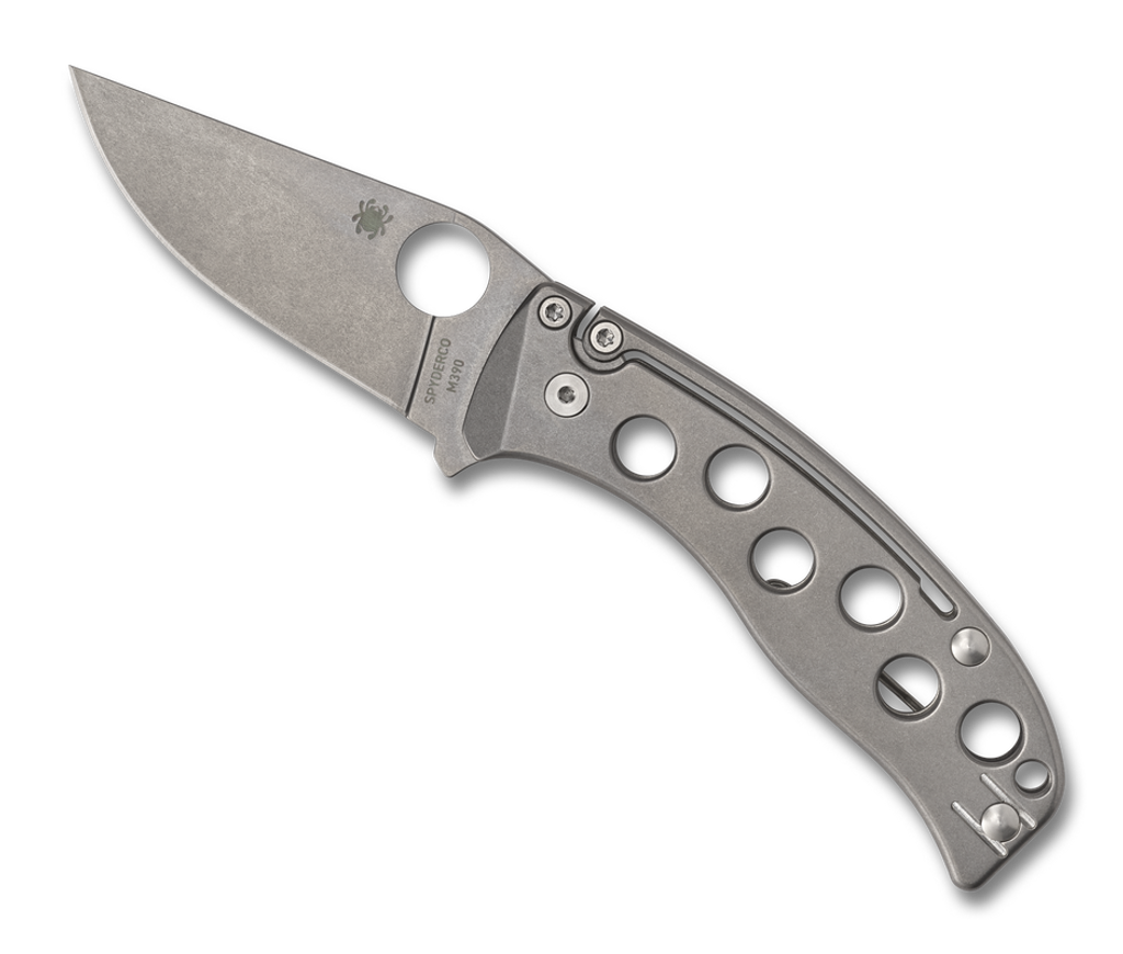 Spyderco PITS Sprint Run folding knife with thumb hole - shown open presentation side.  Stonewash M390 stainless steel plain edge blade.  Stonewash titanium handle.  Model C192TIBLPM390.
For reference only.