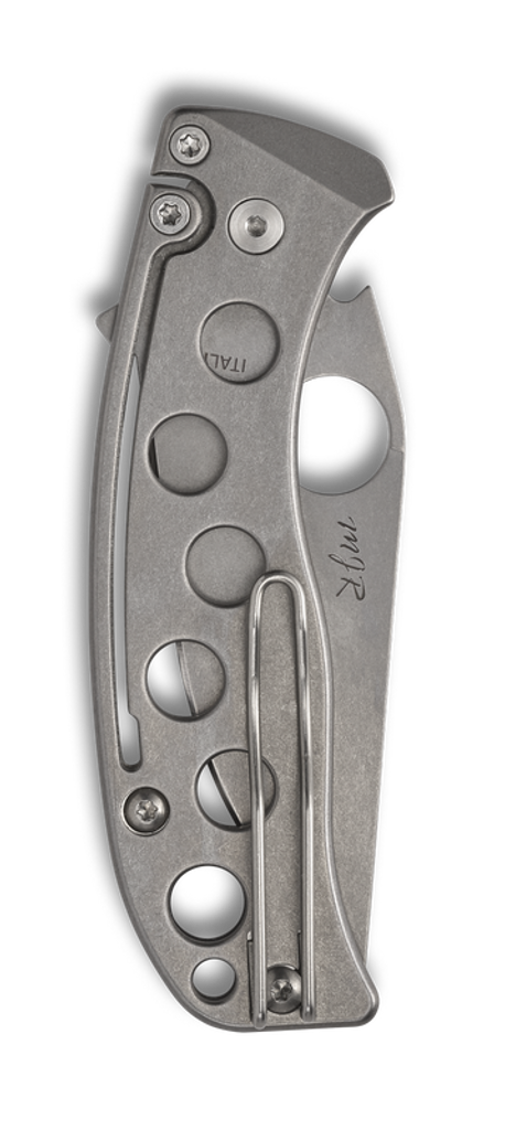 Spyderco PITS Sprint Run folding knife with thumb hole - shown closed pocket clip side.  Stonewash M390 stainless steel plain edge blade.  Stonewash titanium handle.  Model C192TIBLPM390.
For reference only.