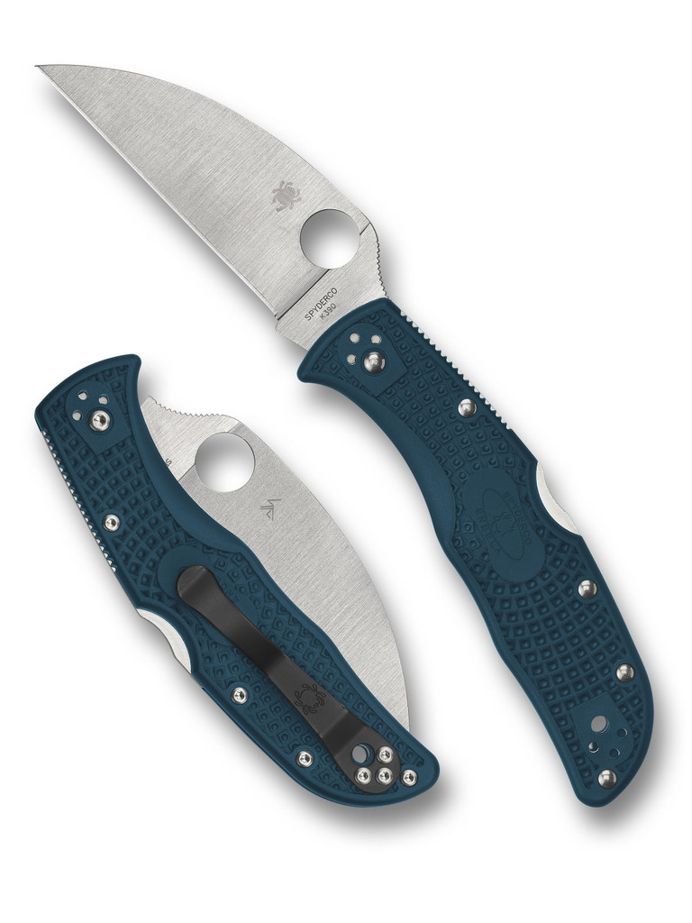 Spyderco Endela folding knife with thumb hole - shown open presentation side and closed pocket clip side.  Satin K390 steel, wharncliffe, plain edge blade.  Blue FRN handle.  Model C243FPWK390.
