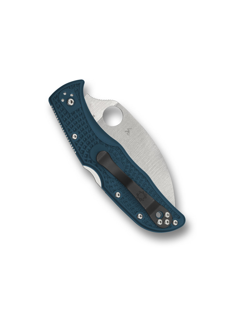Spyderco Endela folding knife with thumb hole - shown closed pocket clip side.  Satin K390 steel, wharncliffe, plain edge blade.  Blue FRN handle.  Model C243FPWK390.
