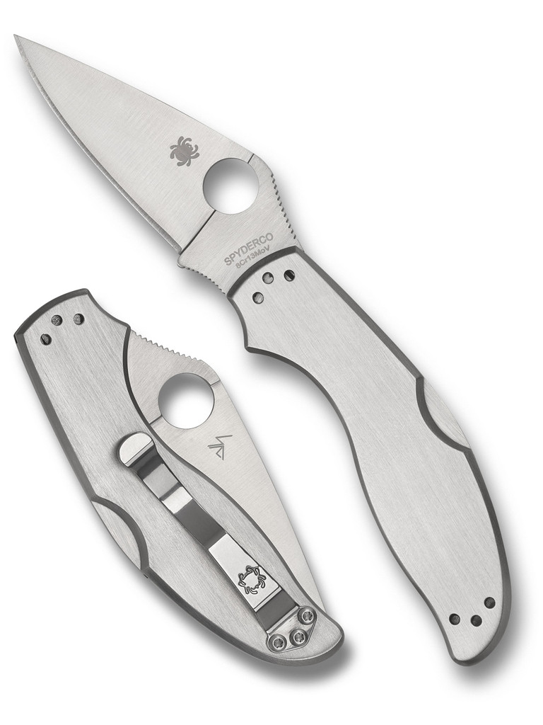 Spyderco UpTern folding knife with thumb hole - shown open presentation side and closed pocket clip side.  Satin 8Cr13MoV stainless steel plain edge blade.  Stainless steel handle.  Model C261P.