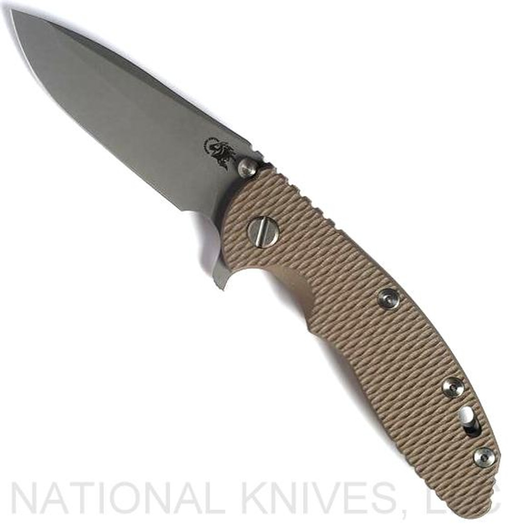 Rick Hinderer Knives XM-18 3.5" Spanto folding knife with thumb stud and flipper tab - shown open presentation side.  Working Finish S45VN stainless steel plain edge blade.  FDE G-10 handle with Working Finish lock side.  Model K2002SGS00.