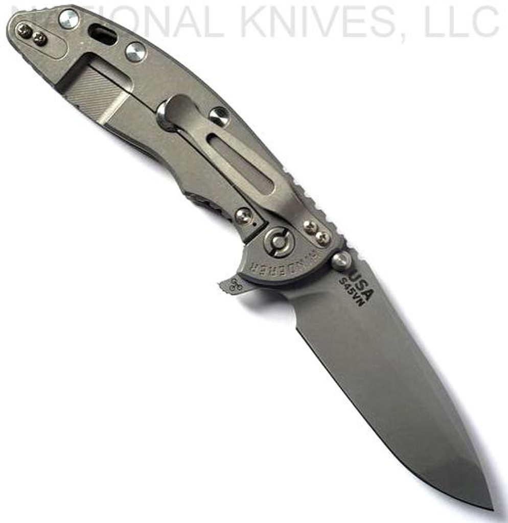 Rick Hinderer Knives XM-18 3.5" Spanto folding knife with thumb stud and flipper tab - shown open lock side.  Working Finish S45VN stainless steel plain edge blade.  FDE G-10 handle with Working Finish lock side.  Model K2002SGS00.