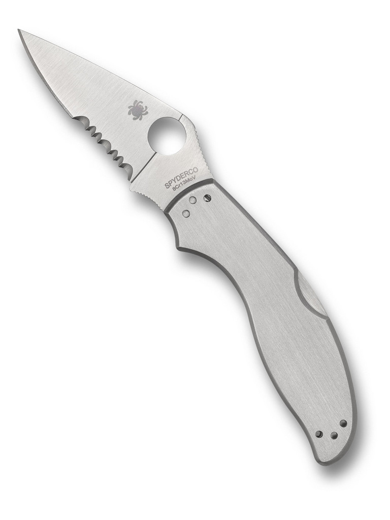 Spyderco UpTern folding knife with thumb hole - shown open presentation side.  Satin 8Cr13MoV stainless steel combo edge blade.  Stainless steel handle.  Model C261PS.