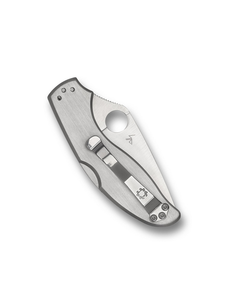 Spyderco UpTern folding knife with thumb hole - shown closed pocket clip side.  Satin 8Cr13MoV stainless steel combo edge blade.  Stainless steel handle.  Model C261PS.