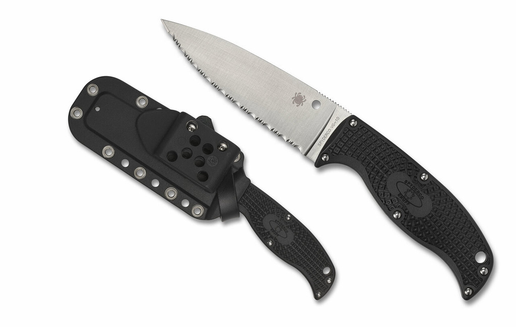 Spyderco Enuff 2 Leaf fixed blade knife - shown out of sheath reverse and in sheath reverse.  Satin VG-10 stainless steel serrated edge blade.  Black FRN handle.  Model FB31SBK2.
