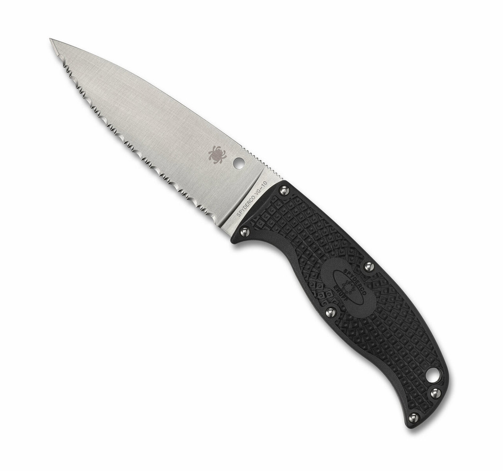 Spyderco Enuff 2 Leaf fixed blade knife - shown out of sheath reverse.  Satin VG-10 stainless steel serrated edge blade.  Black FRN handle.  Model FB31SBK2.