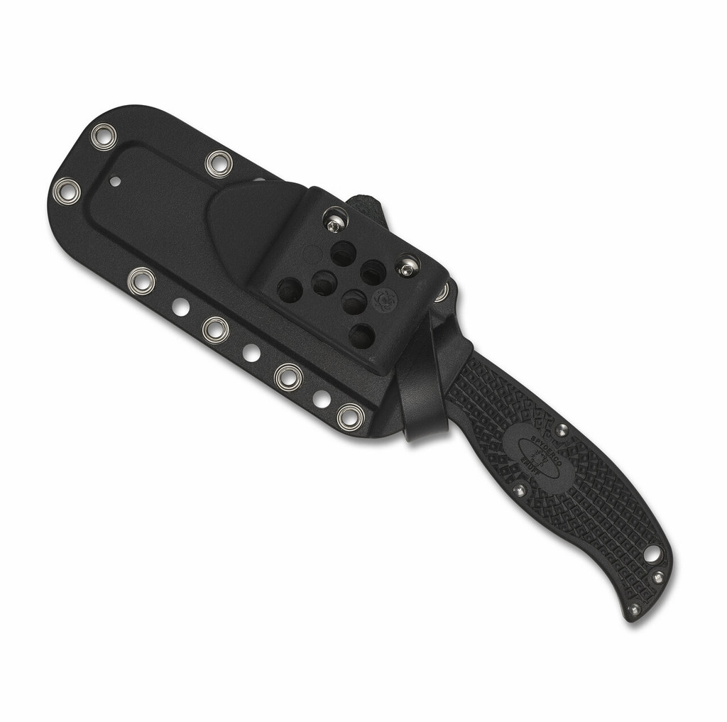 Spyderco Enuff 2 Leaf fixed blade knife - shown in sheath reverse.  Satin VG-10 stainless steel serrated edge blade.  Black FRN handle.  Model FB31SBK2.