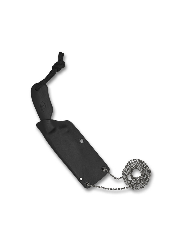 Spyderco Perrin Subway Bowie fixed blade knife - shown in sheath obverse.  Black LC200N stainless steel plain edge blade.  Black FRN handle.  Model FB48PBBK.