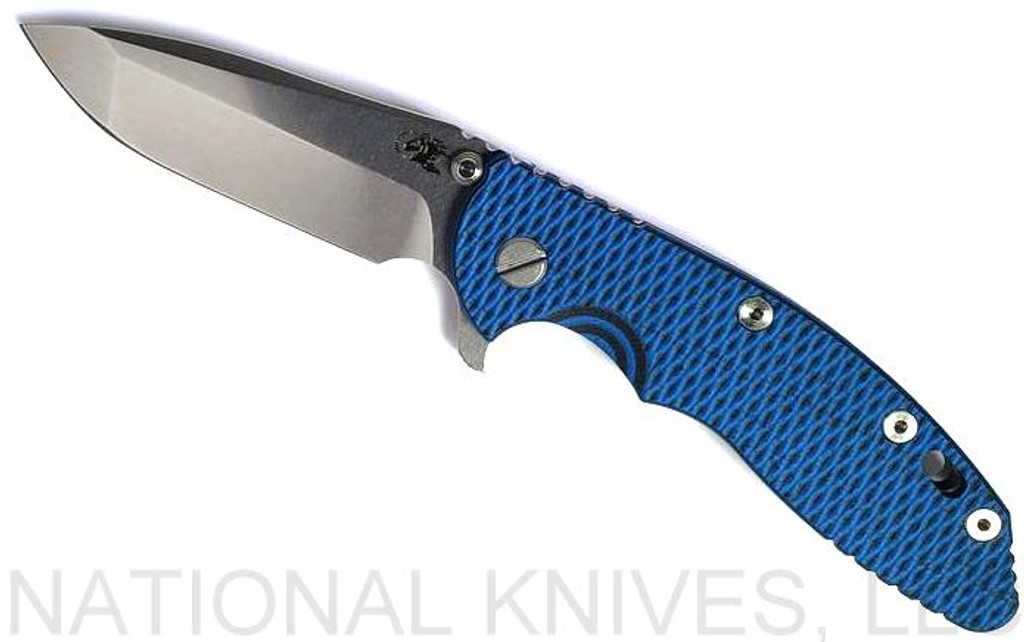 Rick Hinderer Knives XM-18 3.5" Spanto folding knife with thumb stud and flipper tab - shown open presentation side.  Stonewash S45VN stainless steel plain edge blade.  Blue - black G-10 handle with stonewash lock side.  Model KXM35SPA.