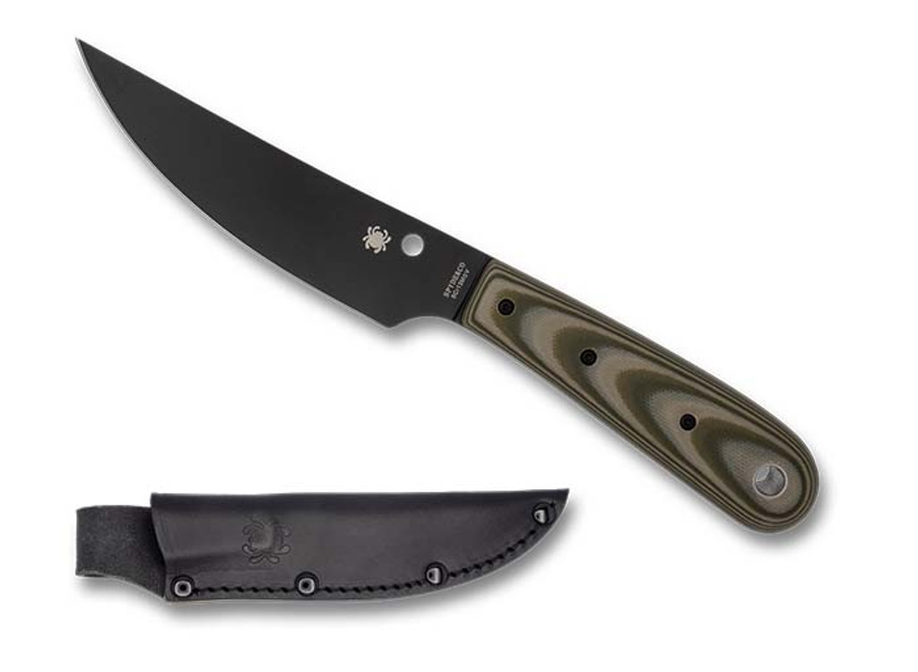 Spyderco Bow River Blue Ridge Knives Exclusive fixed blade knife - shown out of sheath reverse and sheath only obverse.  Black 8Cr13MoV stainless steel plain edge blade.  OD Green - Tan G-10 handle.  Model FB46GPODBK.