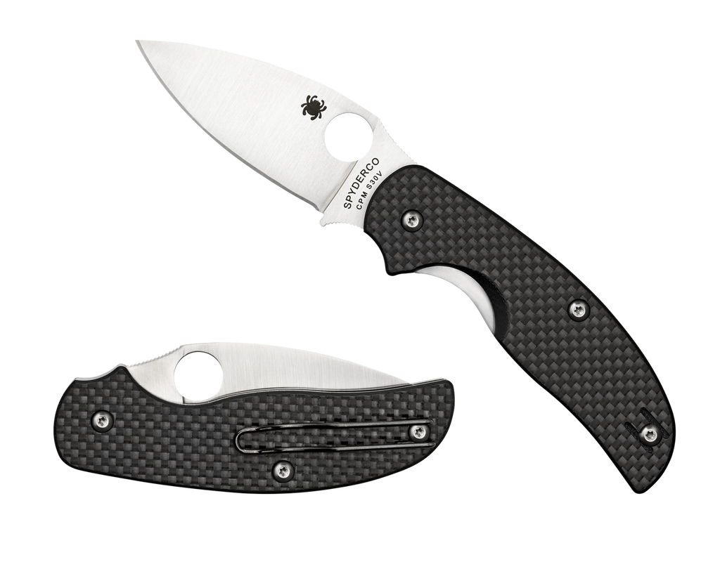 Spyderco Sage 1 folding knife with thumb hole - shown open presentation side and closed pocket clip side.  Satin S30V stainless steel plain edge blade.  Black carbon fiber and G-10 laminate handle.  Model C123CFP.
For reference only.
