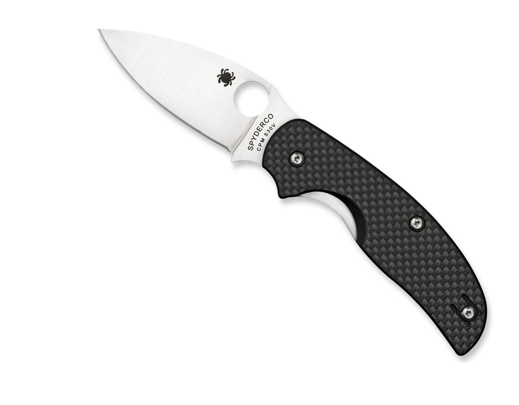 Spyderco Sage 1 folding knife with thumb hole - shown open presentation side.  Satin S30V stainless steel plain edge blade.  Black carbon fiber and G-10 laminate handle.  Model C123CFP.
For reference only.