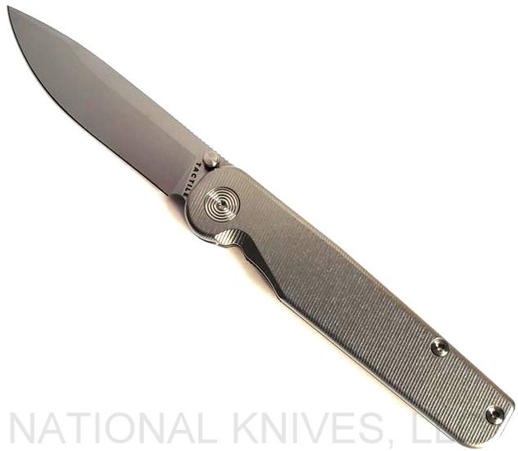 Tactile Knife Co Rockwall folding knife with a thumb stud - shown open presentation side.  Stonewashed MagnaCut stainless steel plain edge blade.  Titanium handle.  Model 20-RT-MC01-TT01.