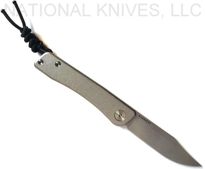 Tactile Knife Co Bexar slip joint folding knife with nail nick - shown open reverse.  Stonewash MagnaCut stainless steel plain edge blade.  Titanium handle.  Model 20-BX-MC01-TT01.