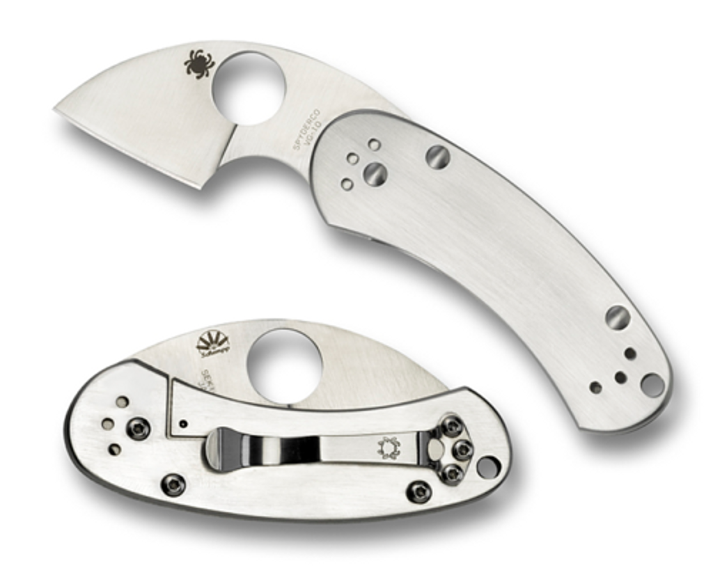 Spyderco Equilibrium folding knife with thumb hole - shown open presentation side and closed pocket clip side.  Satin VG-10 stainless steel plain edge blade. Stainless steel handle.  Model C166P.
For reference only.