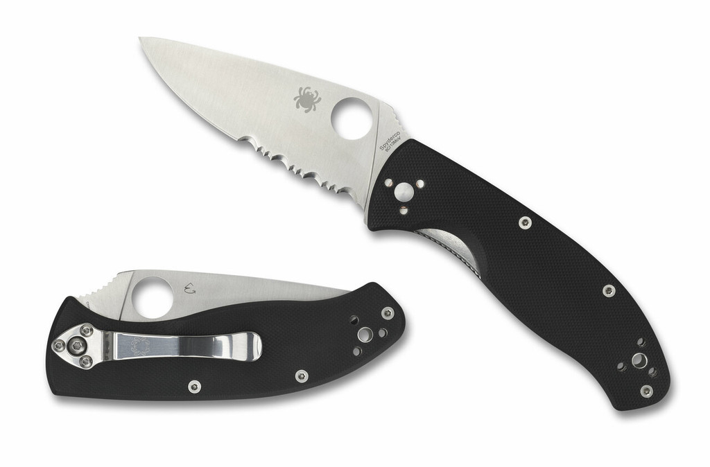 Spyderco Tenacious folding knife with thumb hole - shown open presentation side and closed pocket clip side.  Satin 8Cr13MoV stainless steel combo edge blade.  Black G-10 handle.  C122GPS.