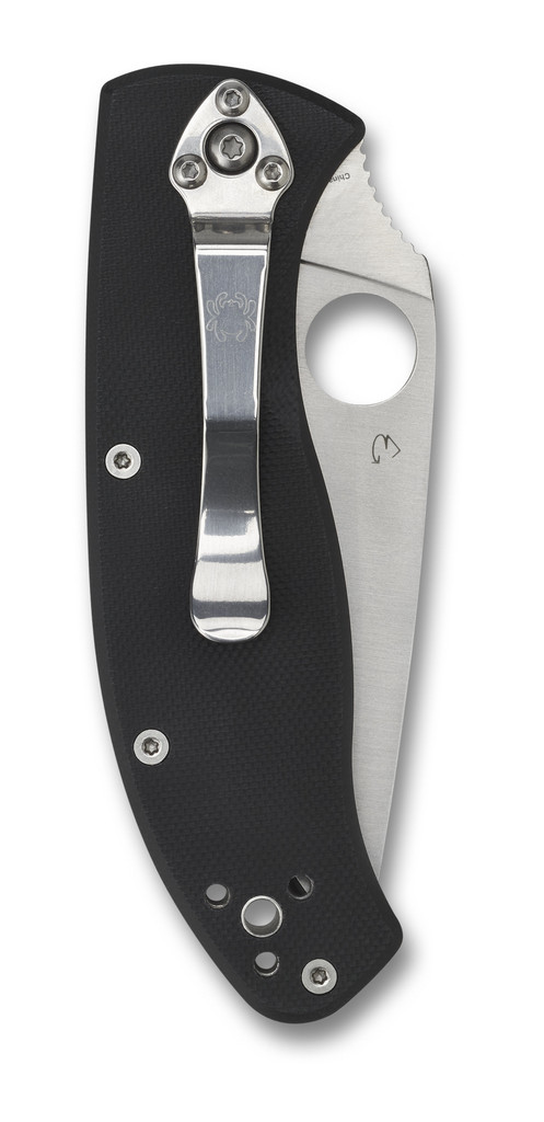 Spyderco Tenacious folding knife with thumb hole - shown closed pocket clip side.  Satin 8Cr13MoV stainless steel combo edge blade.  Black G-10 handle.  C122GPS.