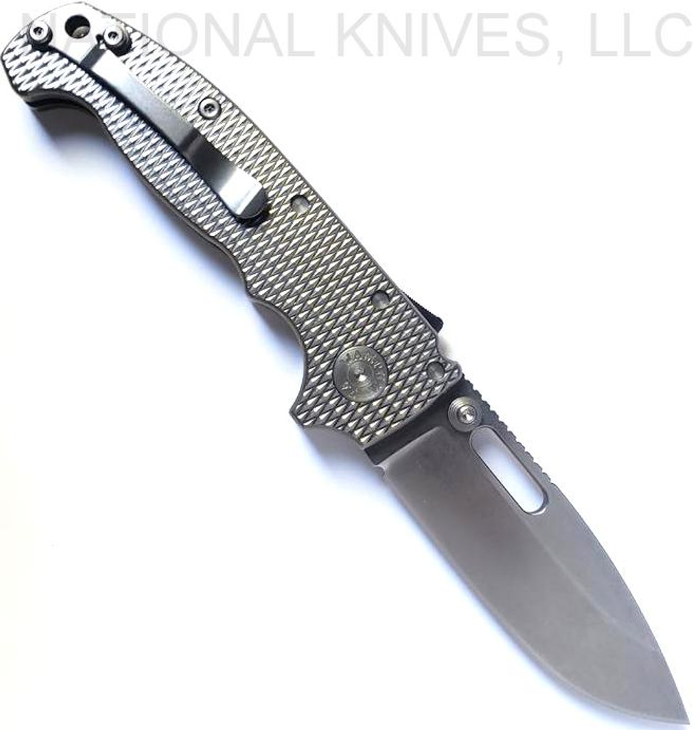 Demko Knives Lightweight AD-20S drop point folding knife with thumb slot and thumb stud - shown open pocket clip side.  Stonewash CTS-204P stainless steel plain edge blade.  Textured titanium handle.