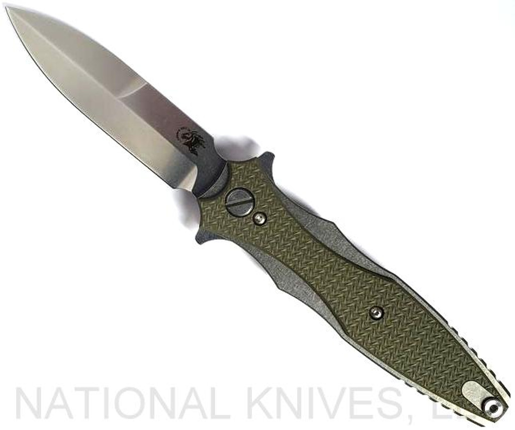 Rick Hinderer Knives Maximus Bayonet Grind folding knife - shown open presentation side.  Stonewash 20CV stainless steel plain edge blade.  OD green G-10 handle with stonewash titanium.  Model KMAXBAY.