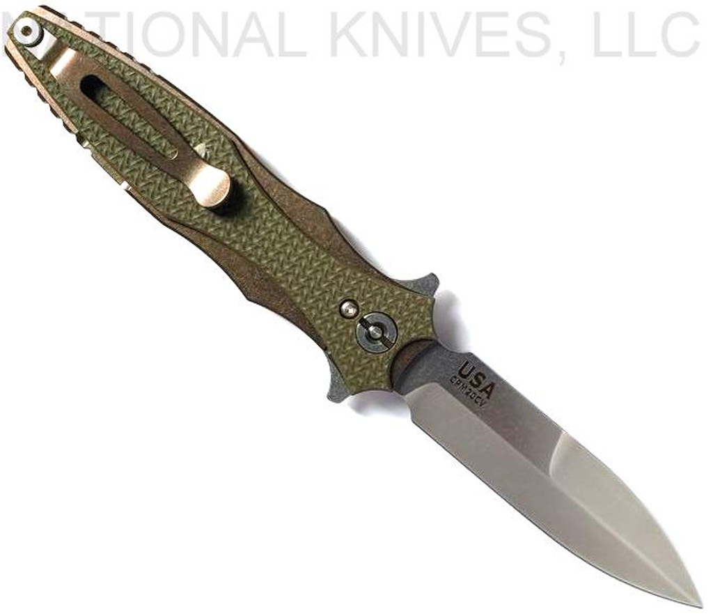 Rick Hinderer Knives Maximus Bayonet Grind folding knife - shown open pocket clip side.  Stonewash 20CV stainless steel plain edge blade.  OD green G-10 handle with stonewash bronze titanium.  Model KMAXBAY.