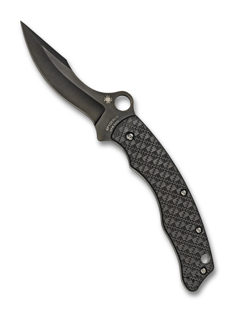 Spyderco Szabo folding knife with thumb hole - shown open presentation side.  Black S30V stainless steel plain edge blade.  Black carbon fiber and G-10 laminate handle.  Model C146CFBBKP.
For reference only.
