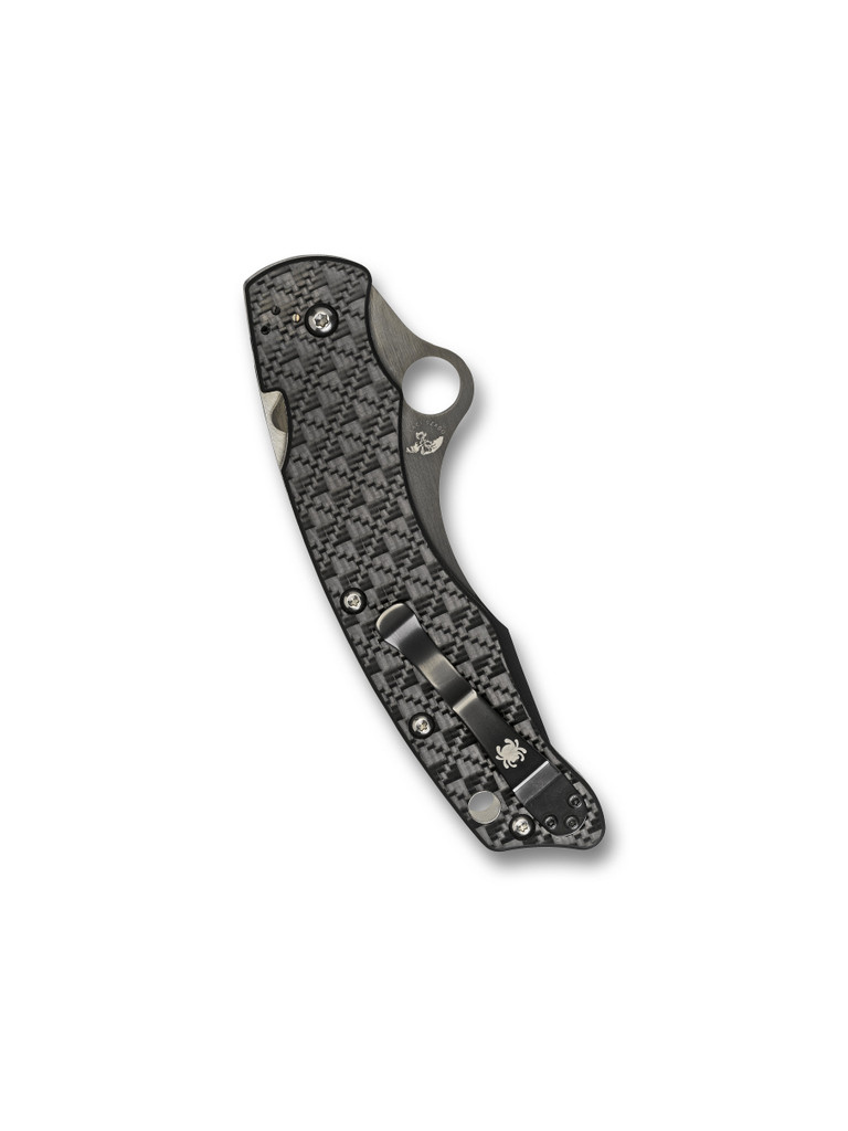 Spyderco Szabo folding knife with thumb hole - shown closed pocket clip side.  Black S30V stainless steel plain edge blade.  Black carbon fiber and G-10 laminate handle.  Model C146CFBBKP.
For reference only.
