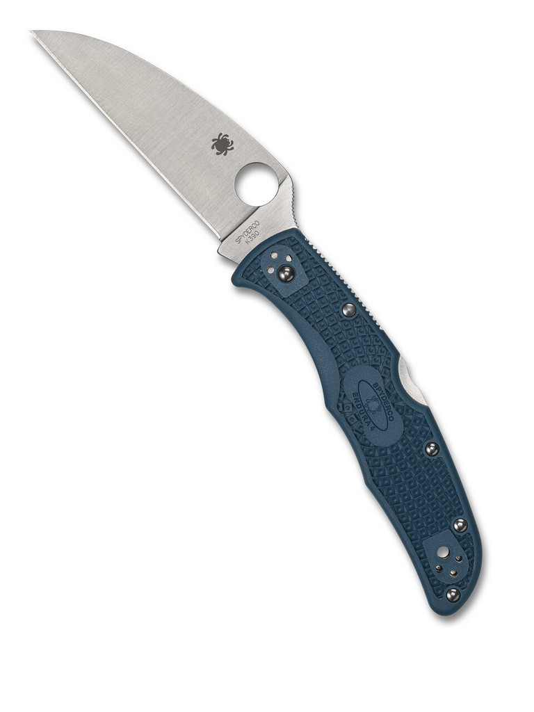 Spyderco Endura 4 folding knife with thumb hole - shown open presentation side.  Satin K390 steel, wharncliffe style, plain edge blade.  Blue FRN handle.  Model C10FPWK390.
For reference only.