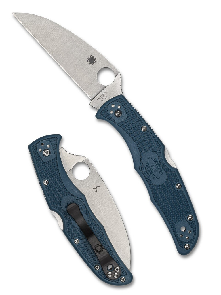 Spyderco Endura 4 folding knife with thumb hole - shown open presentation side and closed pocket clip side.  Satin K390 steel, wharncliffe style, plain edge blade.  Blue FRN handle.  Model C10FPWK390.
For reference only.