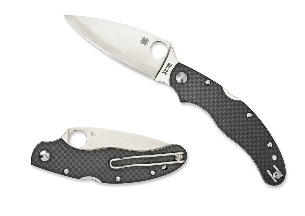 Spyderco Caly 3.5 folding knife with thumb hole - shown open presentation side and closed pocket clip side.  Satin ZDP-189 and 420J2 laminated steel plain edge blade.  Black carbon fiber handle.  Model C144CFPE.
