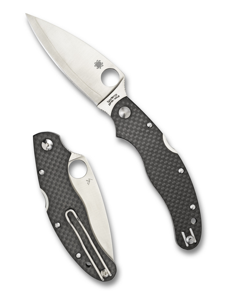 Spyderco Caly 3.5 folding knife with thumb hole - shown open presentation side and closed pocket clip side.  Satin ZDP-189 and 420J2 laminated steel plain edge blade.  Black carbon fiber handle.  Model C144CFPE.