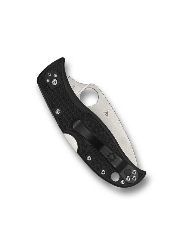 Spyderco LeafJumper folding knife with thumb hole - shown closed pocket clip side.  Satin VG-10 stainless steel plain edge blade.  Black FRN handle.  Model C262PBK.