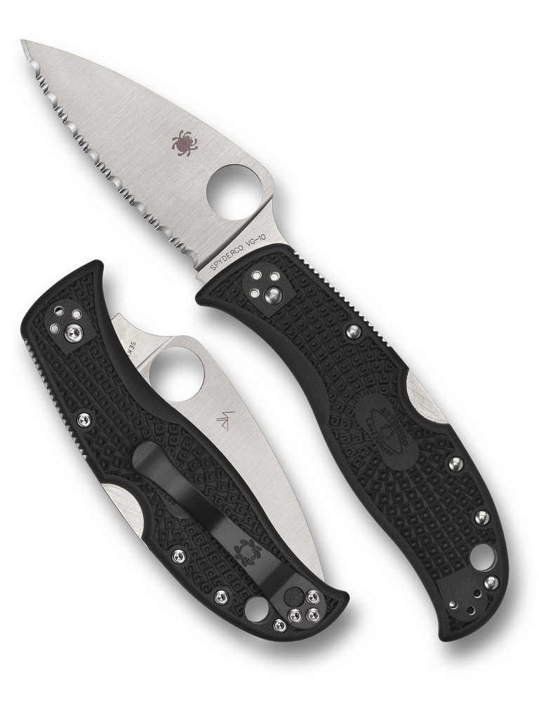 Spyderco LeafJumper folding knife with thumb hole - shown open presentation side and closed pocket clip side.  Satin VG-10 stainless steel serrated edge blade.  Black FRN handle.  Model C262SBK.